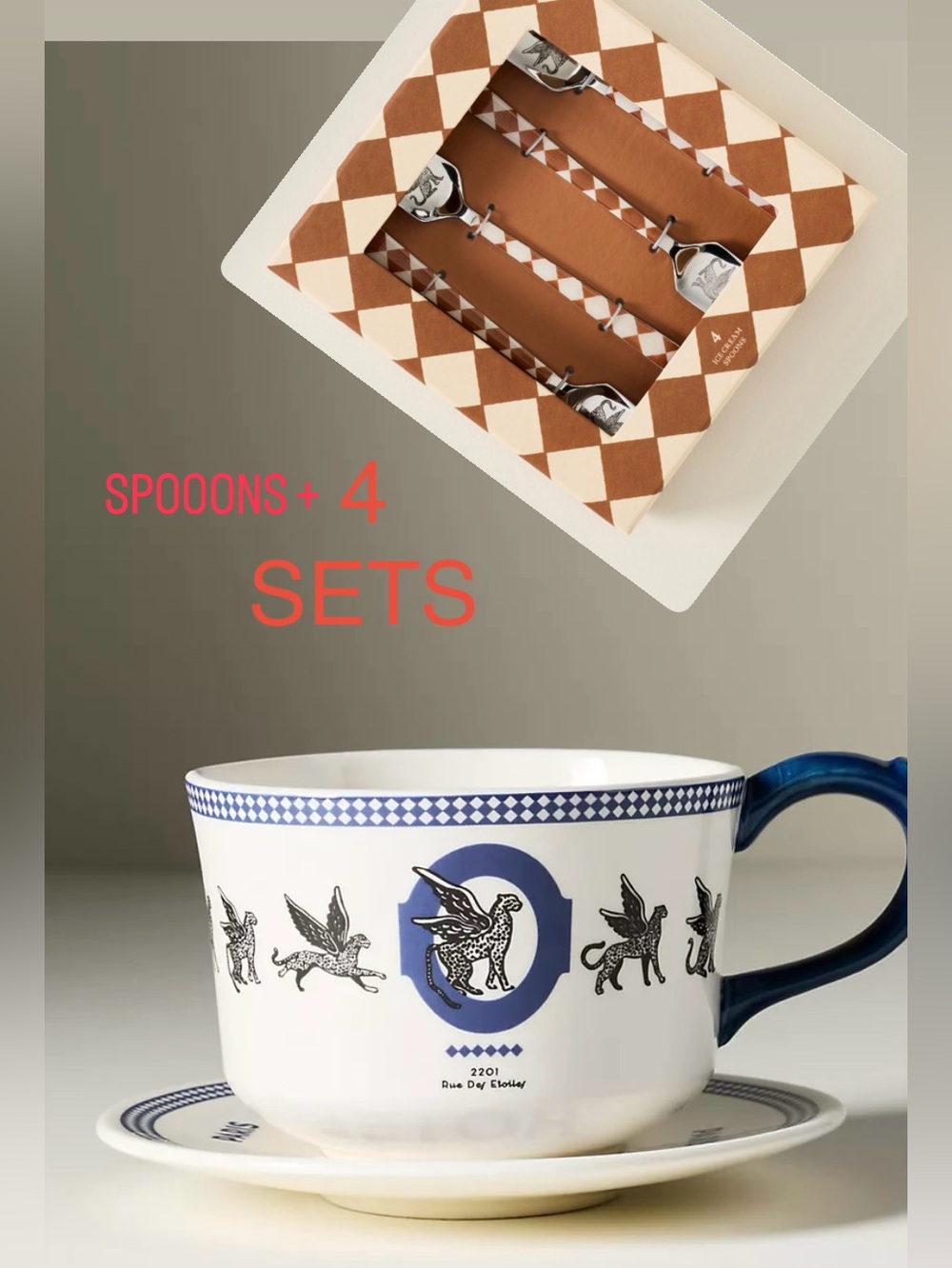 Anthropologie set 4 spoons 4 saucers 4 mugs